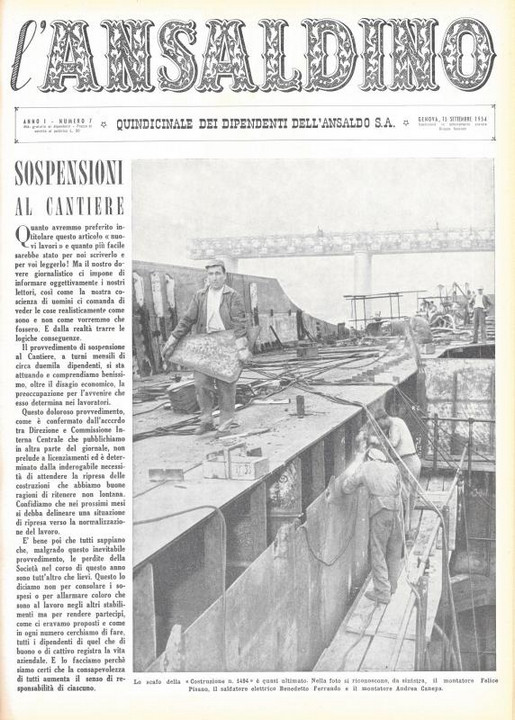 p. 1 (copertina), I montatori Felice Pisano e Andrea Canepa e il saldatore elettrico Benedetto Ferrando durante il completamento dello scafo della Costruzione n. 1494, 1954